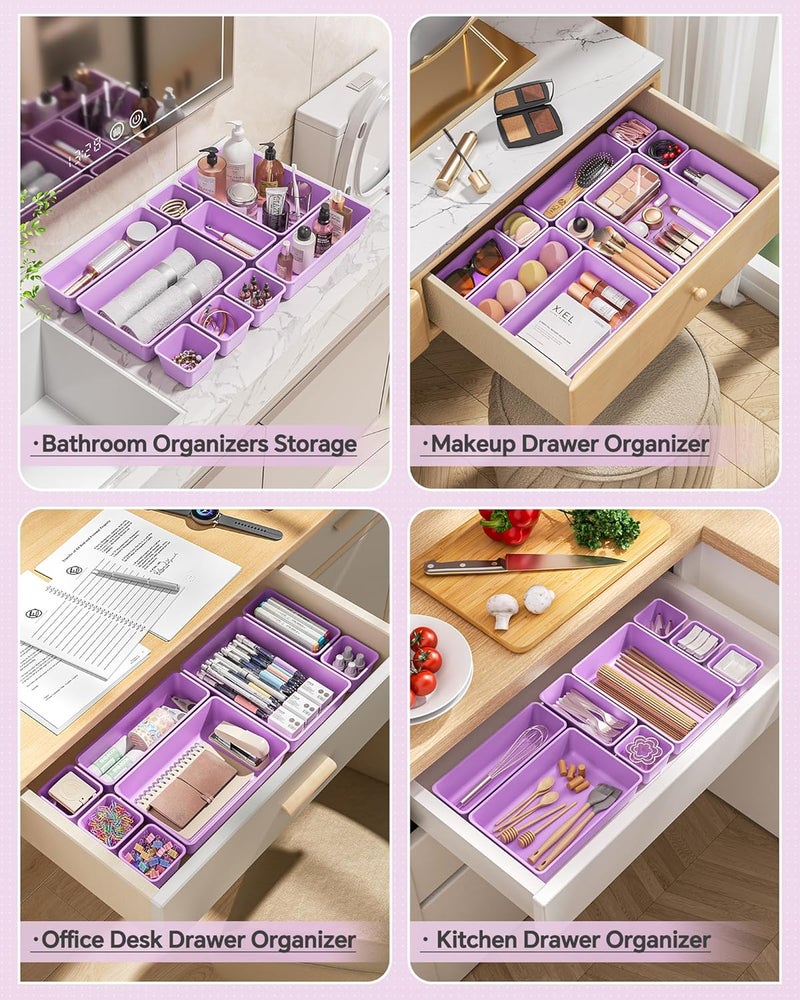 KEMETHY 25 PCS Plastic Drawer Organizers Set, 4 Sizes Vanity Organizer, Makeup and Desk Drawer Organizer Trays, Organization and Storage for Makeup, Bathroom, Kitchen Utensils and Office (Purple) - Image 4